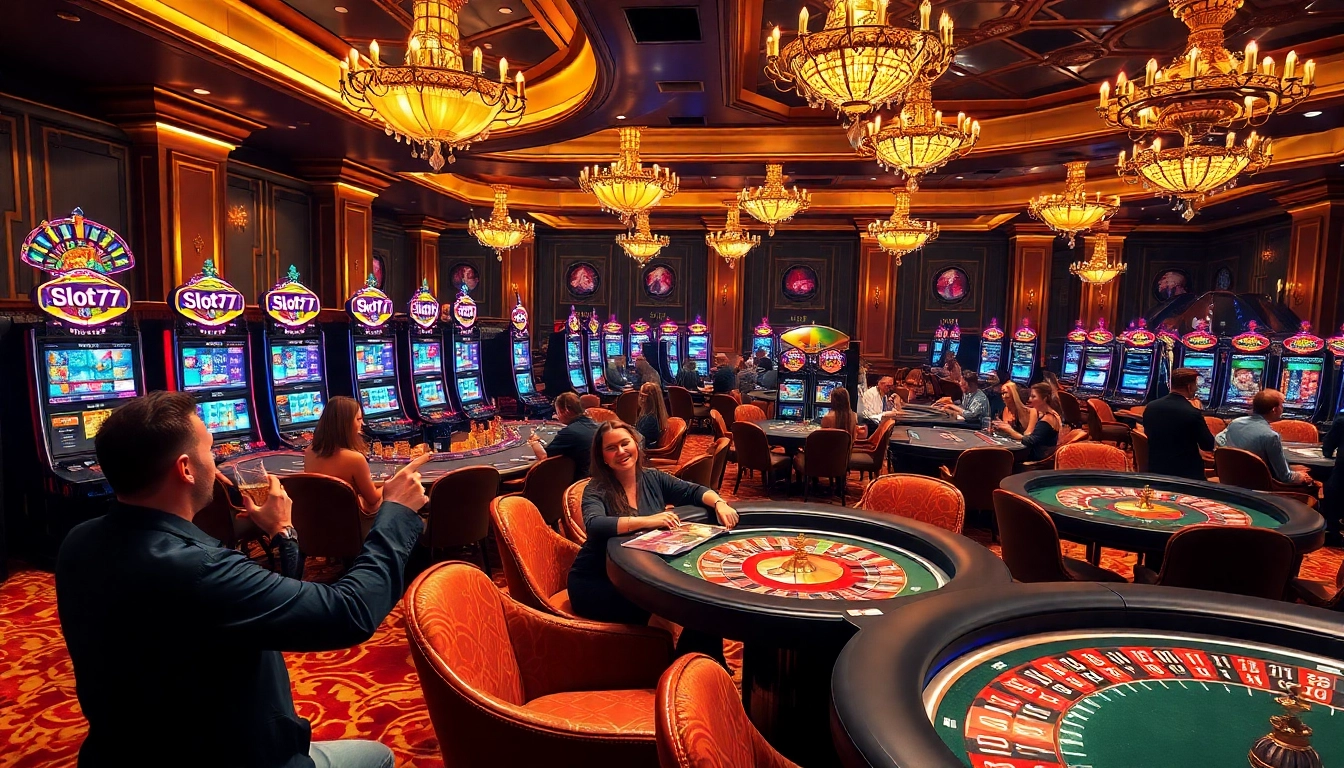 Pemain merayakan kemenangan besar di mesin slot777 di suasana kasino yang mewah.