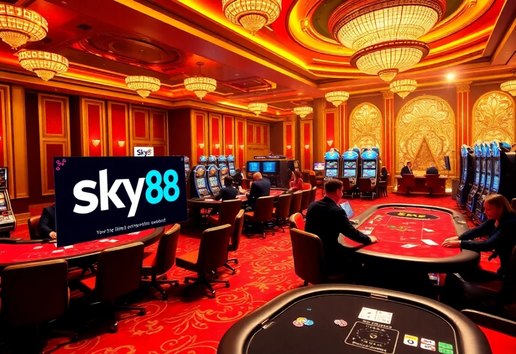 Sky88 players enjoying a thrilling casino experience with vibrant tables and slot machines.