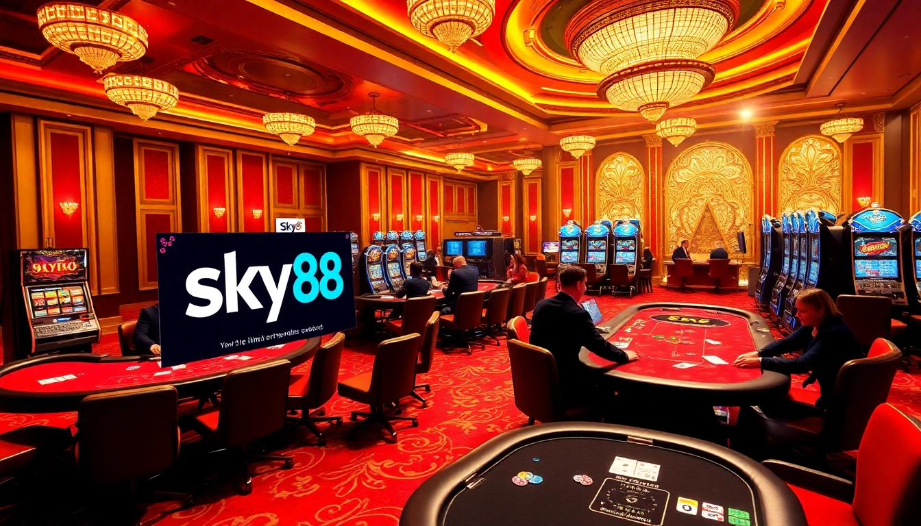 Sky88 players enjoying a thrilling casino experience with vibrant tables and slot machines.