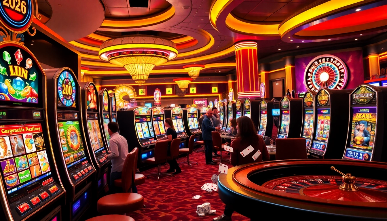 Pemain berinteraksi dengan mesin slot di lingkungan kasino yang menarik, menunjukkan keseruan kemenangan.