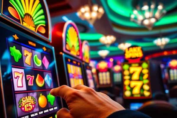 Pemain terlibat dengan mesin slot yang mendebarkan di suasana kasino yang vibrant.