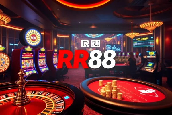 Experience thrilling casino action at RR88 with vibrant slot machines, poker tables, and roulette.