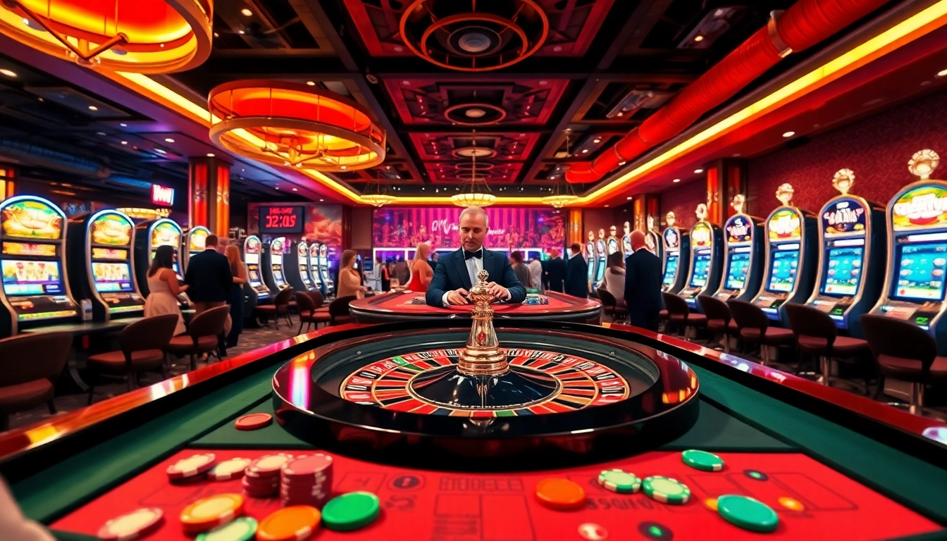 Experience thrilling gaming at https://xx88.us/ with a vibrant casino scene featuring roulette, slot machines, and excited players.