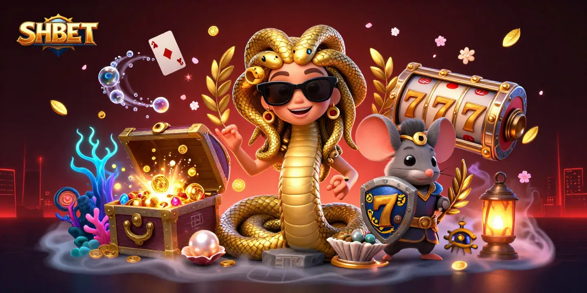 Engage with SHBET's vibrant gaming scene featuring Medusa and a warrior mouse amidst slot reels and treasures.