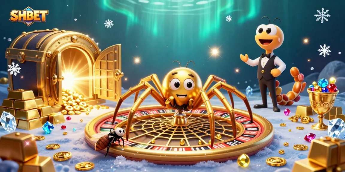 Engage with SHBET's thrilling casino experience featuring an animated roulette web and vibrant treasures.