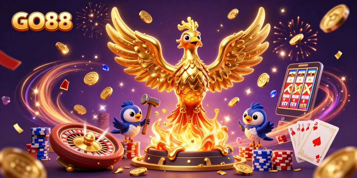 Spin to win at GO88 with a phoenix emerging from gold, cascading coins, and vibrant gaming elements.